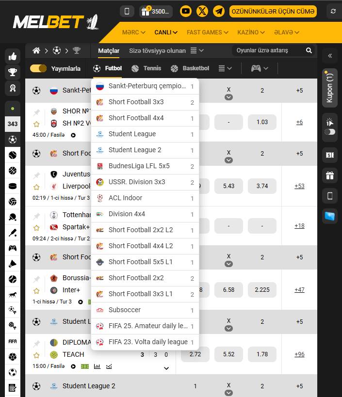 Live mərclər bölməsində futbol matçları kateqoriyasının seçimi
